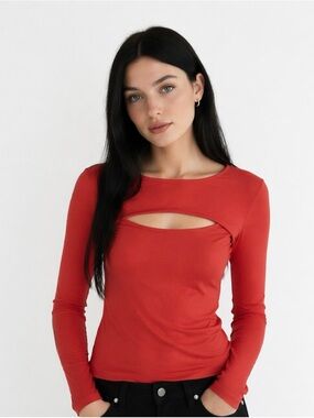 Cut-Out Coral Orange Top Nine West Size XS Long Sleeve Tee